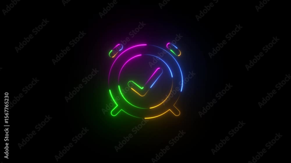 Aufkleber glowing neon rainbow color clock icon with cheek mark icon animation . alarm sign with tick mark .