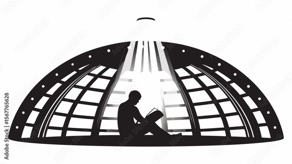 Poster silhouette of person reading inside a dome structure with light streaming through the openings in bl