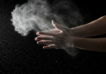 Human hands are captured in motion, clapping together to create a dynamic cloud of powder against a dark background, likely associated with a sport or performance activity.