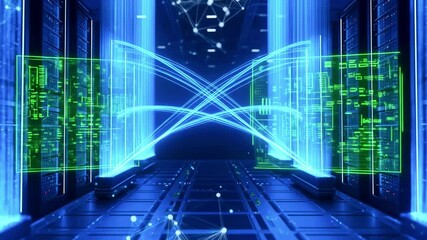 Futuristic data center with glowing holographic interfaces and digital connections in a high-tech environment - Powered by Adobe