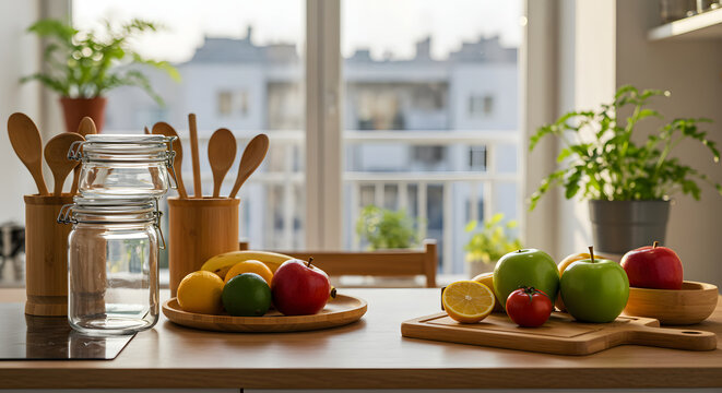 Bright Kitchen Still Life with Fresh Fruit and Wooden Utensils - Powered by Adobe