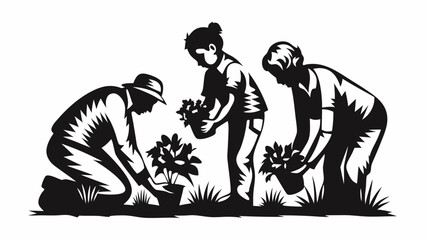 Silhouette of three people gardening together planting flowers in pots in a monochrome illustration style