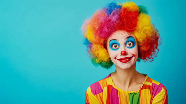Woman with a clown wig and makeup on a blue background