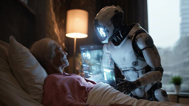 Robot monitoring elderly woman in bed using holographic medical interface, futuristic healthcare technology.