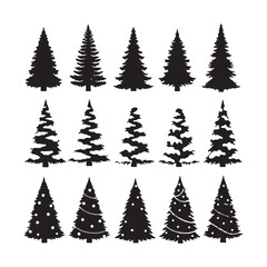 Collection of fifteen black silhouette Christmas trees various styles and shapes some decorated with ornaments and lights winter holiday design elements