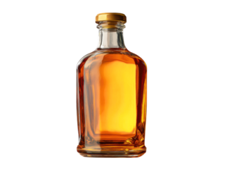 Amber liquid filled glass bottle with golden cap alcohol, Isolated, Transparent Png