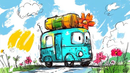 Whimsical blue camper van adventure with flower and luggage in sunny artistic landscape