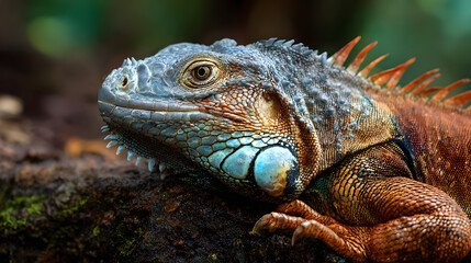 Fototapeta premium Close-Up of Colorful Iguana Resting on a Natural Log Outdoors