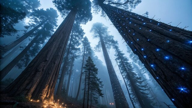 Majestic redwood trees stand tall in a misty forest, illuminated by blue lights, creating an enchanting woodland scene.