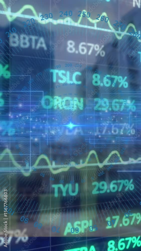 Poster animation depicts global data processing and finance with binary codes and city graphs.