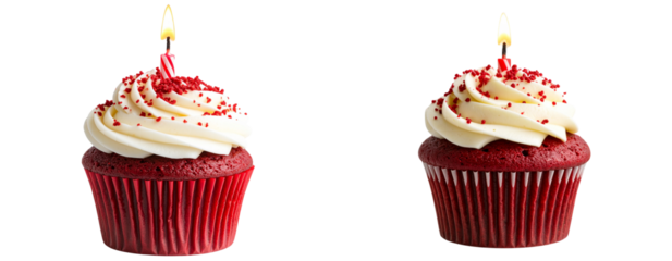 Red Velvet Cupcake with Creamy Frosting, Red Sprinkles, and Lit Candle, Isolated on Transparent Background