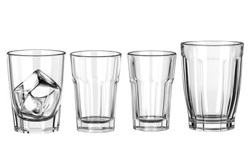 Glassware Variety Set Still Life Crystal Clear Drinking Glasses Ice Cubes Clean Lines Barware on transparent background