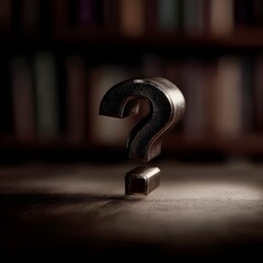 Metallic Question Mark Above Open Book in Dimly Lit Library