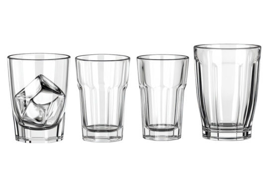 Glassware Variety Set Still Life Crystal Clear Drinking Glasses Ice Cubes Clean Lines Barware on transparent background