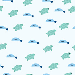 Seamless vector pattern with cute sea turtles and blue fish on a pale background. Ideal for kids’ textiles, baby decor, wrapping paper, and ocean-themed designs