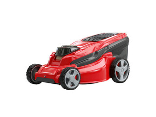 Red and black motorized garden cutting machine with grey wheels image, Isolated, Transparent Png