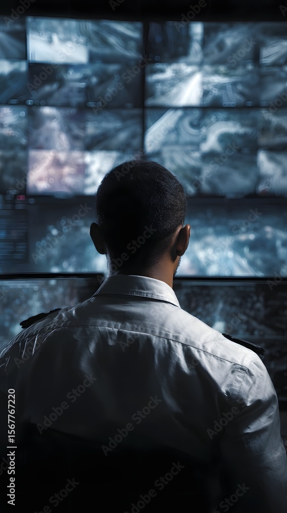 Poster security officer monitoring multiple surveillance feeds in a command center