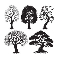 Collection of Five Black Silhouette Tree Designs Bare Winter Trees Leafy Spring Tree Ornate Tree Bonsai Tree Nature Illustration Set