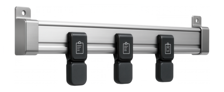 Wall-mounted aluminum rail system with clips for hanging and displaying technical charts in a drafting room.