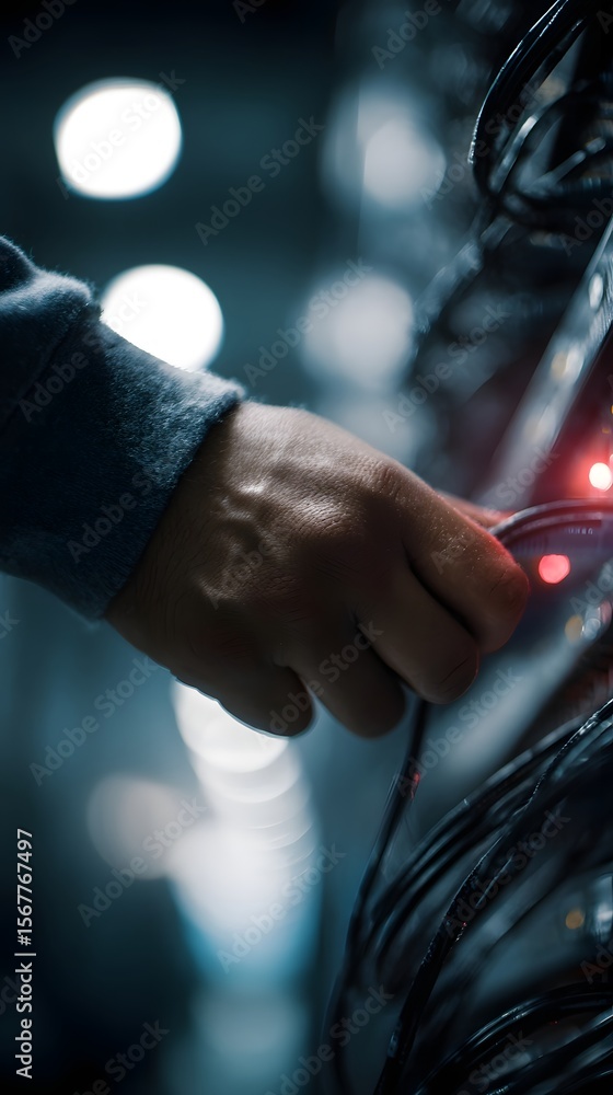 Poster network engineer securing server with security cable