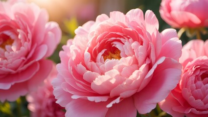 Obraz premium Close-up pink flowers: peony, rose, and dahlia blossoms in a beautiful garden