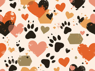 hearts and footprints of home pet in chaotic overlapping hexagons 