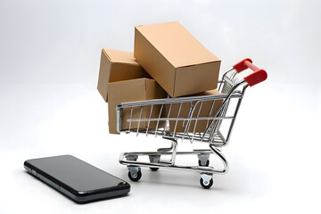 Cart model, goods, there are small and large parcel boxes, overflowing, placed next to the phone, on the work table, there is a computer, a lamp, soft orange light.