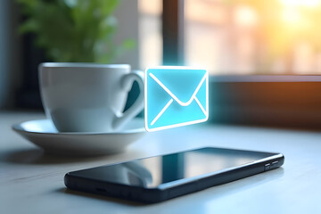 Transparent envelope icon floating on a smartphone, next to a cup of hot coffee, in an office by the window
