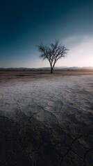 A lone leafless tree stands in a barren dry landscape