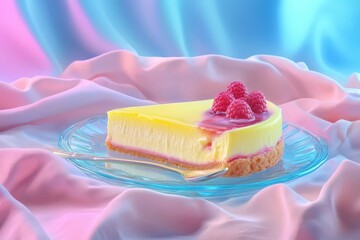 A slice of lemon cheesecake with raspberries.