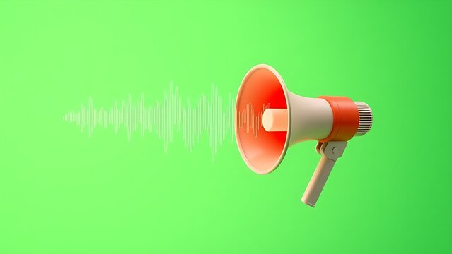 A 3D-rendered megaphone with abstract sound waves, set against a gradient green background.