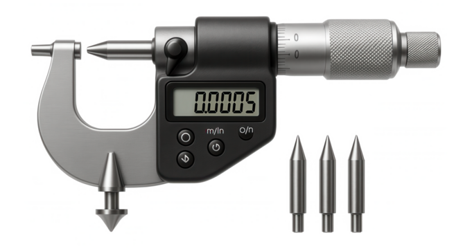 Universal micrometer with interchangeable anvils and a digital counter for diverse applications in a tool and die shop.