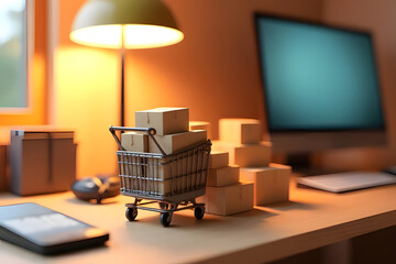 Cart model, goods, there are small and large parcel boxes, overflowing, placed next to the phone, on the work table, there is a computer, a lamp, soft orange light.