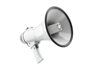 White megaphone with black trim on black background communication sound, Isolated, Transparent Png
