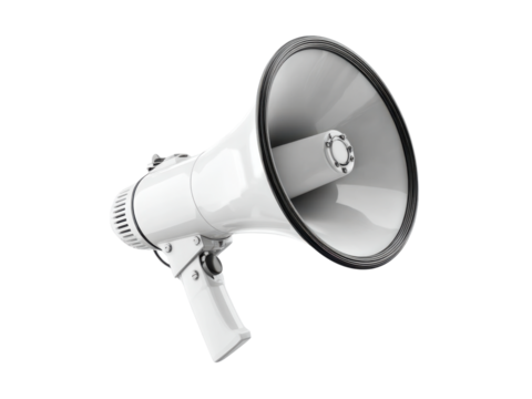 White megaphone with black trim on black background communication sound, Isolated, Transparent Png