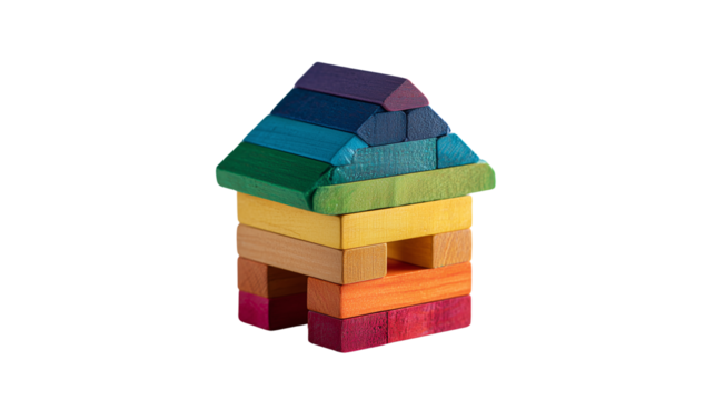 Colorful Wooden Toy House Made of Building Blocks on Transparent Background

