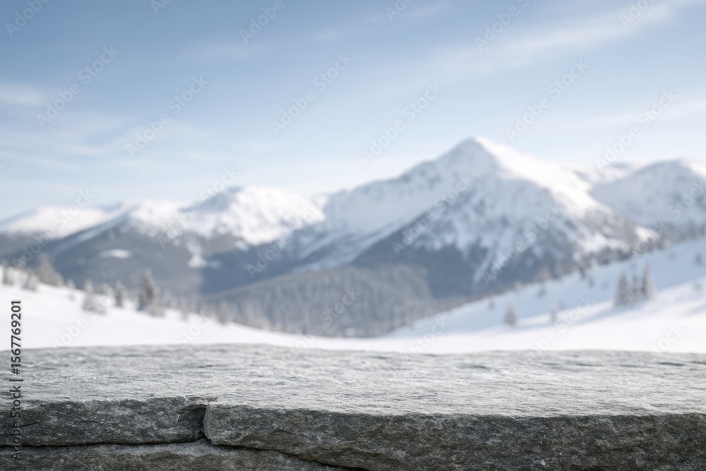 Aufkleber empty area at the top of the stone surface for customization, featuring a blurred snowy mountain bac