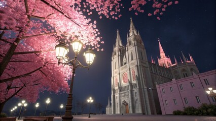 A majestic gothic cathedral illuminated at night under a canopy of blooming cherry blossom trees and a starry sky