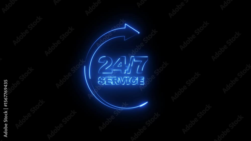 Poster glowing neon 24 hours and 7 days service clock icon with arrow rotation icon animation .24 hours 7 d