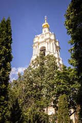 Church of St. Sergius of Radonezh in Novospassky Monastery on a summer day against the blue sky in Moscow
