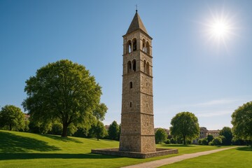 Free-standing bell tower constructed with stone masonry