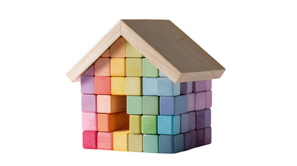 Colorful Wooden Toy House Made of Building Blocks on Transparent Background

