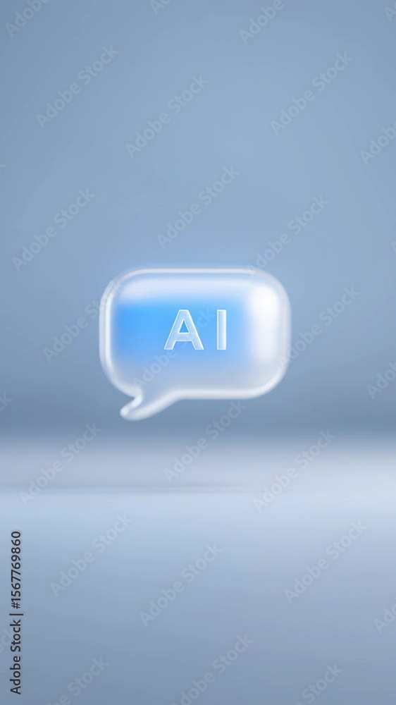 Poster 3d illustration of a transparent speech bubble with ai text inside, floating against a soft blue bac