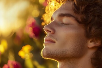 Fototapeta premium Close-up portrait of a young man with closed eyes, bathed in golden sunlight.