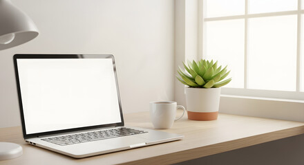 Laptop with blank screen mockup on a wooden desk in a modern home office.