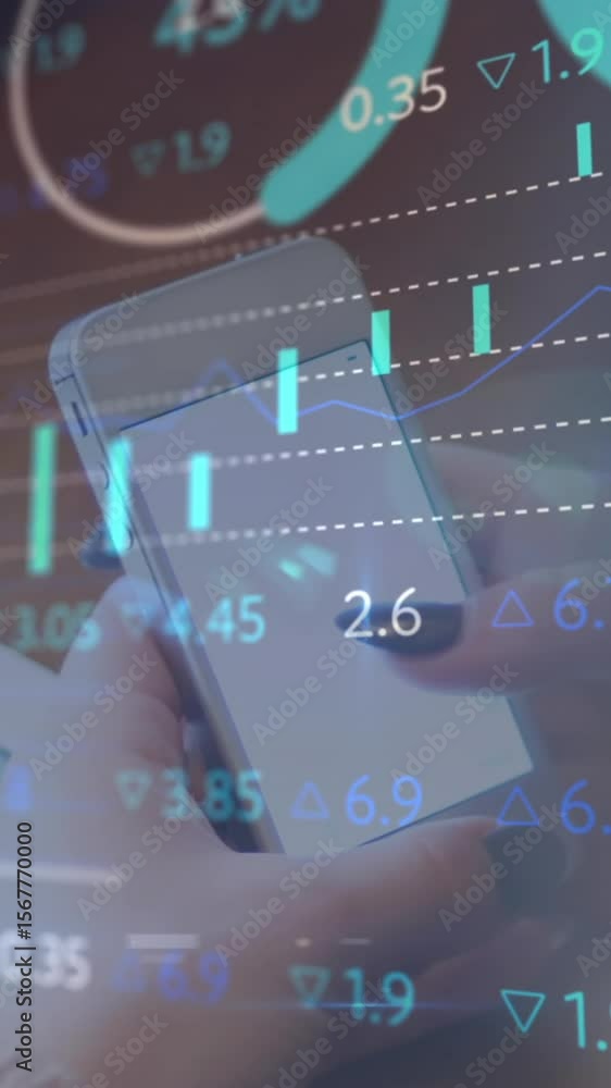Poster animation of financial data processing over woman using smartphone with blank screen