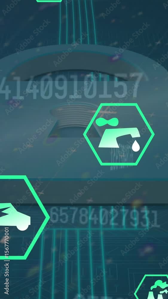 Poster animation of data processing and ecology icons over padlock