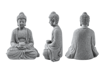 A grey, textured Buddha statue in a meditative pose, captured from the front, side, and back against a white background, emphasizing its intricate details and serene posture.