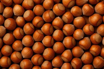 Container filled with hazelnuts on a food-themed backdrop