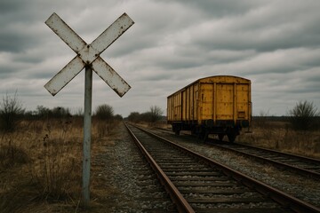 Vintage railway scene featuring a deserted yellow train wagon and an iconic cross monument in the background